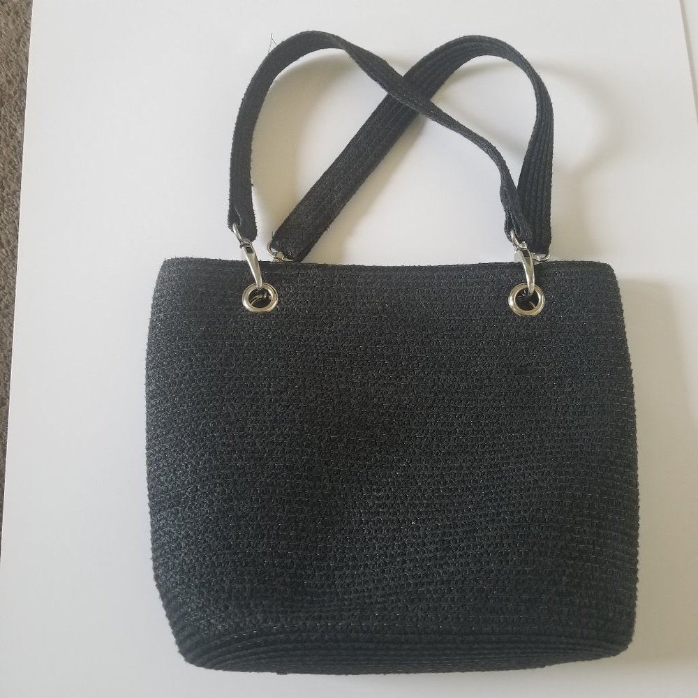 Magid Black Paper Straw Tote Detachable Strap Silver tone Hardware Handbag